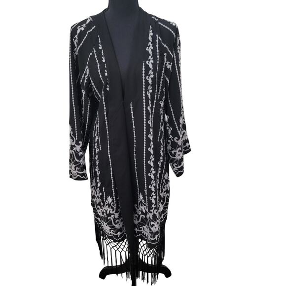 Topshop Kimono Open‎ Front Cardigan Embroidered Fringe Long Sleeve Witchy Sz 8 - Picture 1 of 15